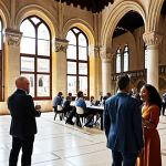 **

"A diverse group of professionals networking at a modern conference in Lisbon. Focus on genuine connections, business cards being exchanged, and positive expressions. Background includes the Jerónimos Monastery subtly visible through large windows."

**