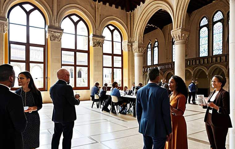 **

"A diverse group of professionals networking at a modern conference in Lisbon. Focus on genuine connections, business cards being exchanged, and positive expressions. Background includes the Jerónimos Monastery subtly visible through large windows."

**